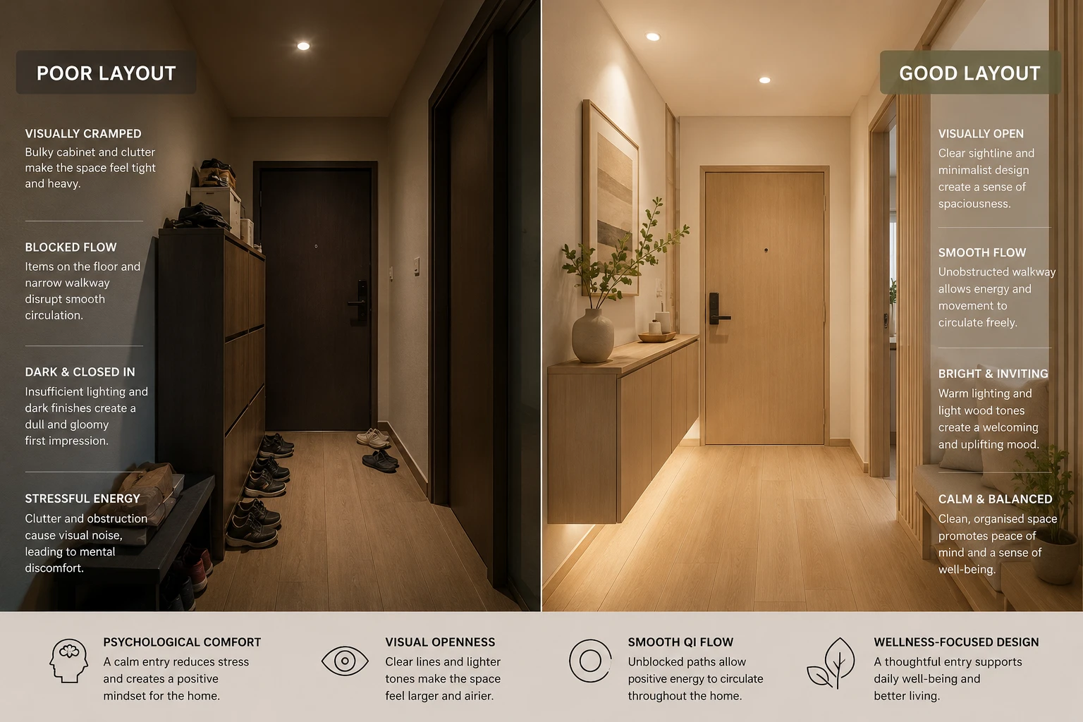 Entryway flow comparison showing cluttered versus calm arrival zones in Singapore HDB renovation
